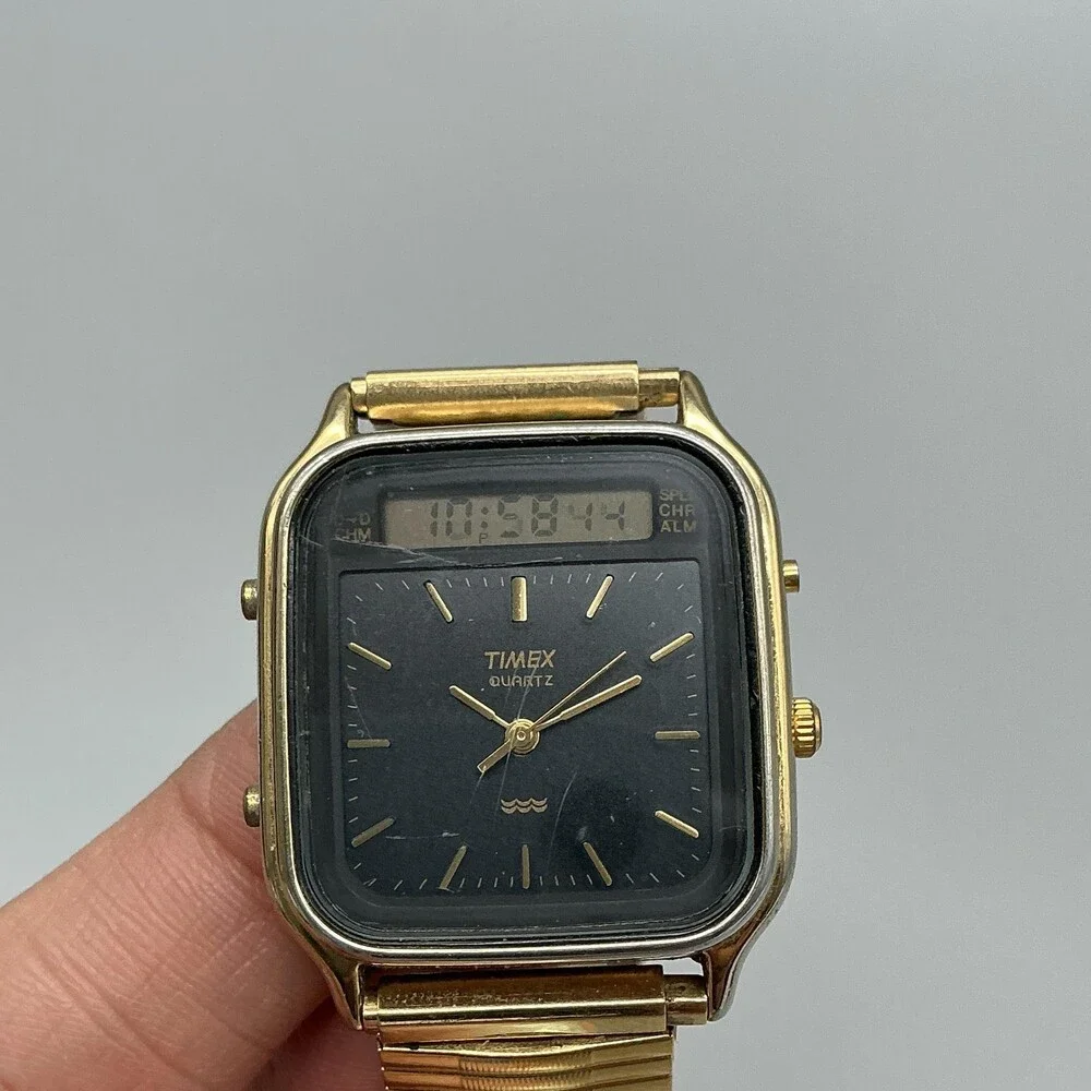 Vtg Timex Mens Watch 31mm Black Dial Gold Tone Ana Digi Alarm Chrono New Battery
